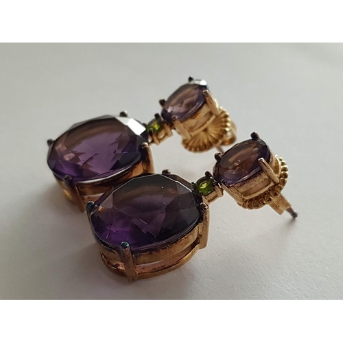 287 - Pair of  Silver (.925) Gold Plated Earrings with Large Purple Stones and Little Green