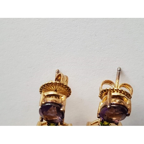 287 - Pair of  Silver (.925) Gold Plated Earrings with Large Purple Stones and Little Green