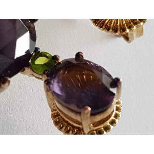 287 - Pair of  Silver (.925) Gold Plated Earrings with Large Purple Stones and Little Green