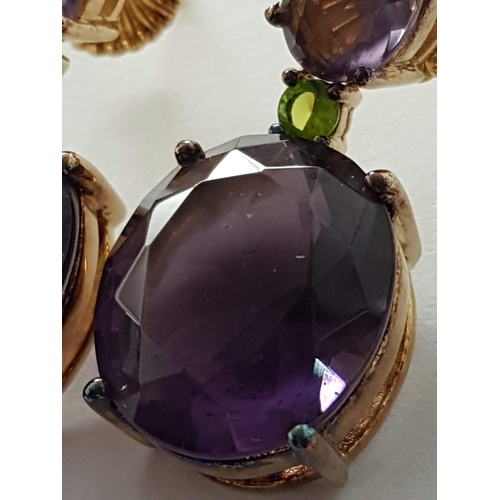 287 - Pair of  Silver (.925) Gold Plated Earrings with Large Purple Stones and Little Green