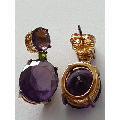 287 - Pair of  Silver (.925) Gold Plated Earrings with Large Purple Stones and Little Green