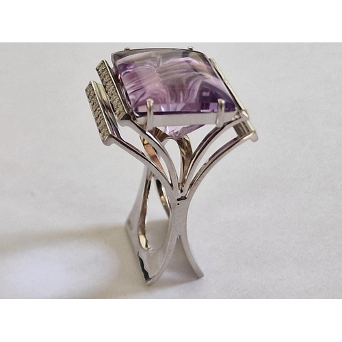 46 - Modern, Designer and Stylish 18ct White Gold and Amethyst(?) Ring with Diamonds, (Approx. 17.6g Tota... 