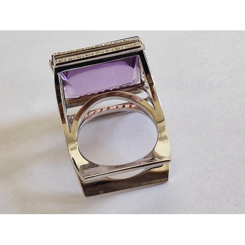 46 - Modern, Designer and Stylish 18ct White Gold and Amethyst(?) Ring with Diamonds, (Approx. 17.6g Tota... 