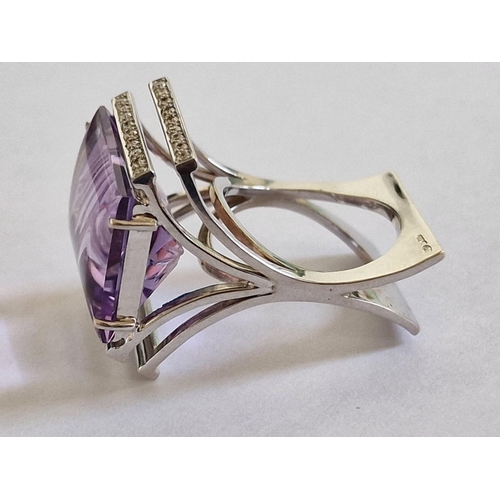 46 - Modern, Designer and Stylish 18ct White Gold and Amethyst(?) Ring with Diamonds, (Approx. 17.6g Tota... 