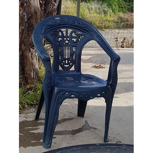 7 - Set of 6 x Blue Plastic Stacking Garden Arm Chairs in the Antique Style 'Harp Back' Design, (6)