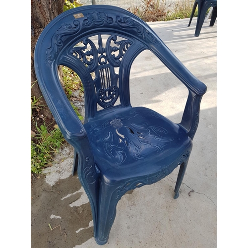 7 - Set of 6 x Blue Plastic Stacking Garden Arm Chairs in the Antique Style 'Harp Back' Design, (6)