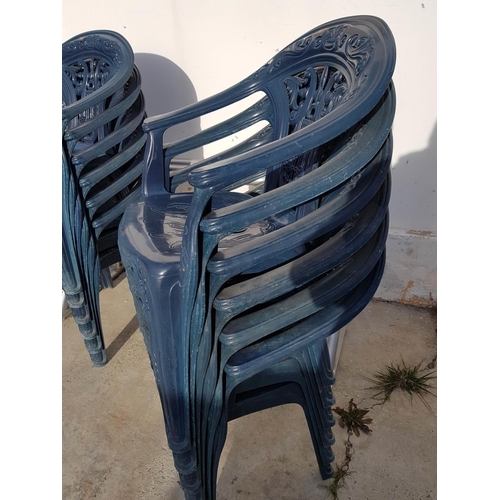 7 - Set of 6 x Blue Plastic Stacking Garden Arm Chairs in the Antique Style 'Harp Back' Design, (6)