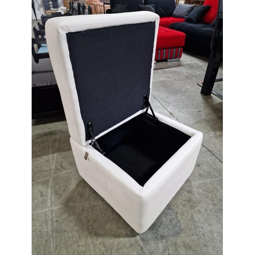 335 - White Leatherette Footstool / Pouffe with Hinged Lid and Storage, (Approx. 50 x 50 x 43cm)