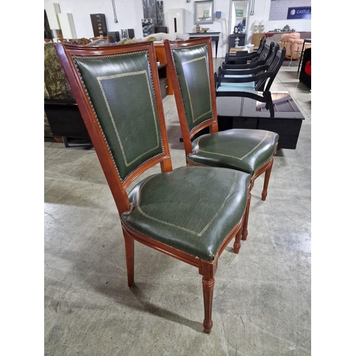 338 - 2 x Dark Wood Dining Chairs with Green Studded Leather Back Rest and Seat Cushion, (2)