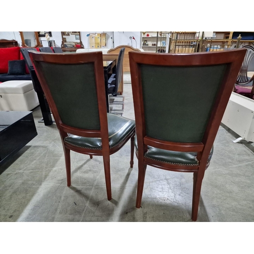 338 - 2 x Dark Wood Dining Chairs with Green Studded Leather Back Rest and Seat Cushion, (2)