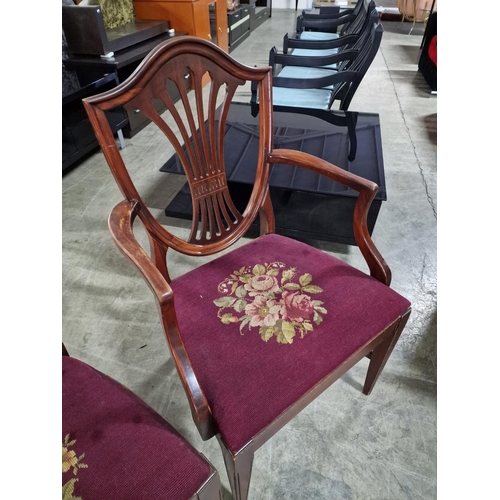 339 - 2 x Harp Back Dining Chairs with Embroidered Red Fabric Padded Seats, One Carver / with Arms, (2)