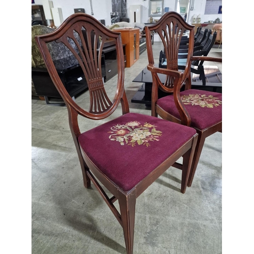 339 - 2 x Harp Back Dining Chairs with Embroidered Red Fabric Padded Seats, One Carver / with Arms, (2)