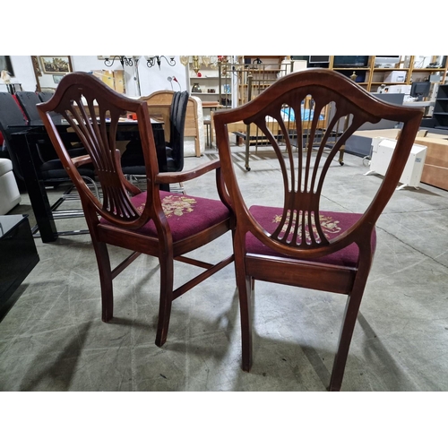 339 - 2 x Harp Back Dining Chairs with Embroidered Red Fabric Padded Seats, One Carver / with Arms, (2)