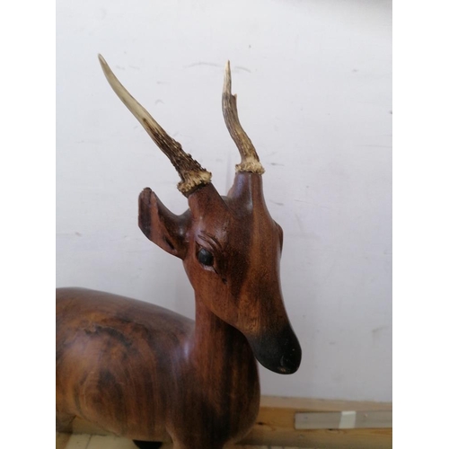 63 - Large Solid Wood Carving of Deer with Actual Horns, (A/F, Broken Ear), (Approx. H: 72cm)