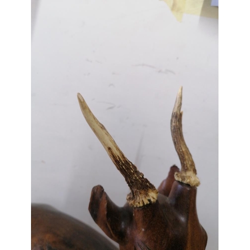 63 - Large Solid Wood Carving of Deer with Actual Horns, (A/F, Broken Ear), (Approx. H: 72cm)