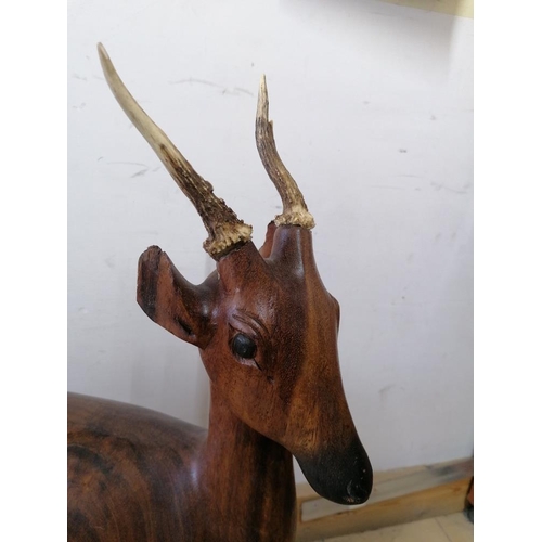 63 - Large Solid Wood Carving of Deer with Actual Horns, (A/F, Broken Ear), (Approx. H: 72cm)