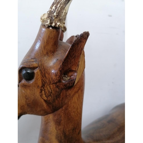 63 - Large Solid Wood Carving of Deer with Actual Horns, (A/F, Broken Ear), (Approx. H: 72cm)