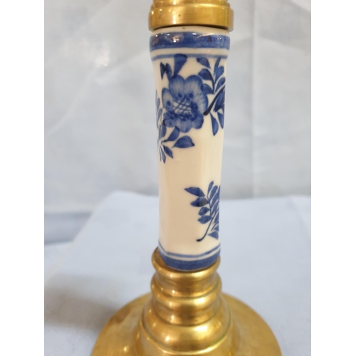 266 - Brass with White and Blue Porcelain Vintage Style Candle Stick (H:19cm)