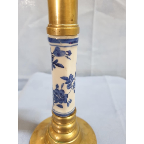 266 - Brass with White and Blue Porcelain Vintage Style Candle Stick (H:19cm)