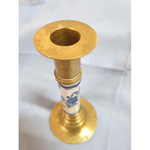 266 - Brass with White and Blue Porcelain Vintage Style Candle Stick (H:19cm)