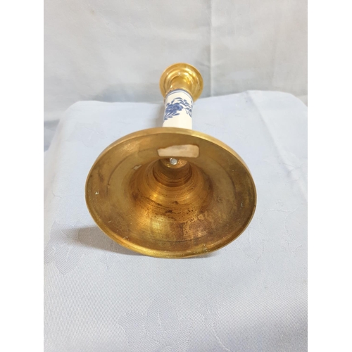 266 - Brass with White and Blue Porcelain Vintage Style Candle Stick (H:19cm)