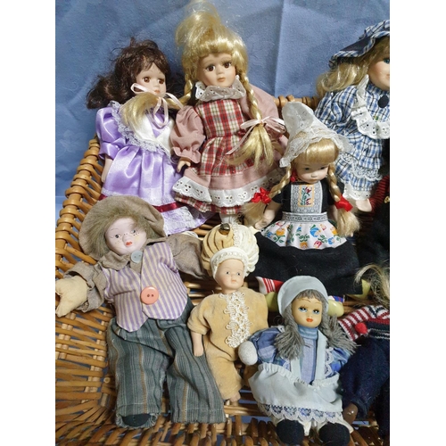 279 - Large Collection of 15 x Different Porcelain and Others Small Dolls in Large Wicker Basket (34 x 44 ... 