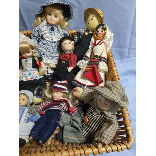 279 - Large Collection of 15 x Different Porcelain and Others Small Dolls in Large Wicker Basket (34 x 44 ... 