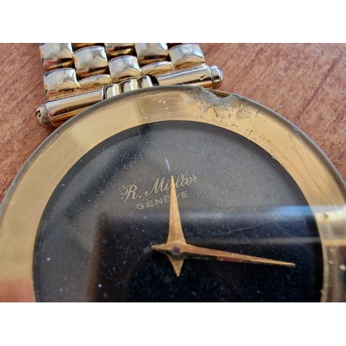 214 - 'R Muller' Geneve Gold Plated Gents Wrist Watch with Black Face and Bracelet Strap (Quartz), Running... 