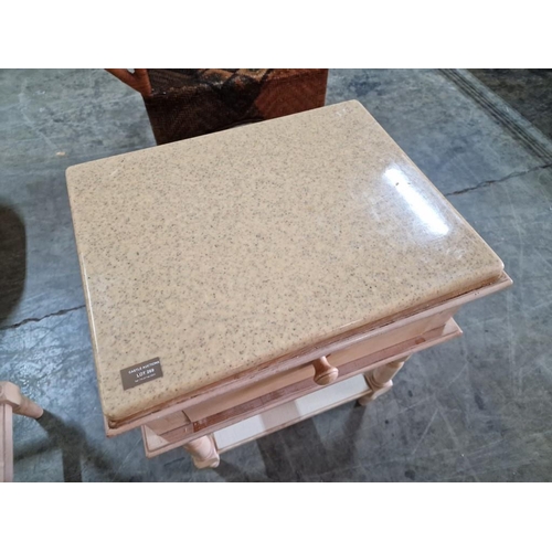 269 - Light Wood Colour Bedside Unit with Drawer, Turned Legs and Marble Top, (Approx. 48 x 38 x 62cm)