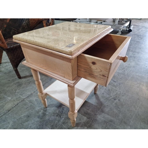 269 - Light Wood Colour Bedside Unit with Drawer, Turned Legs and Marble Top, (Approx. 48 x 38 x 62cm)