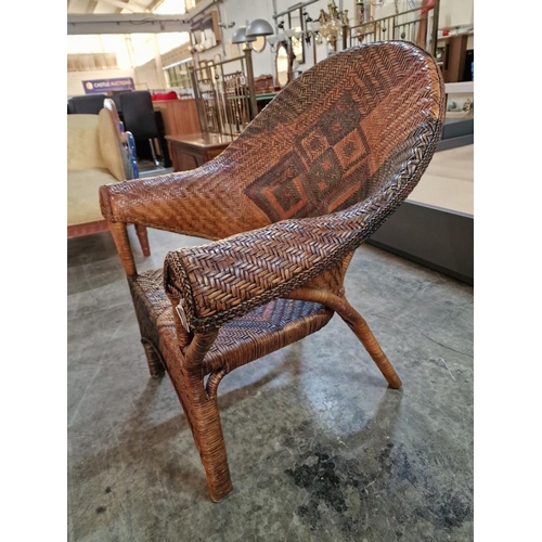 270 - Vintage Chinese Wicker Armchair with Decorative Seat and Curved Backrest