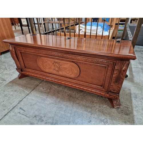 274 - Dark Wood Ottoman / Blanket Box with Carvings and Hinged Top, (Approx. 124 x 41 x 51cm)