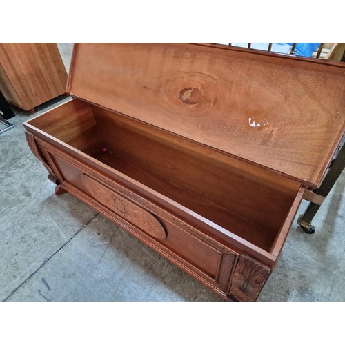 274 - Dark Wood Ottoman / Blanket Box with Carvings and Hinged Top, (Approx. 124 x 41 x 51cm)