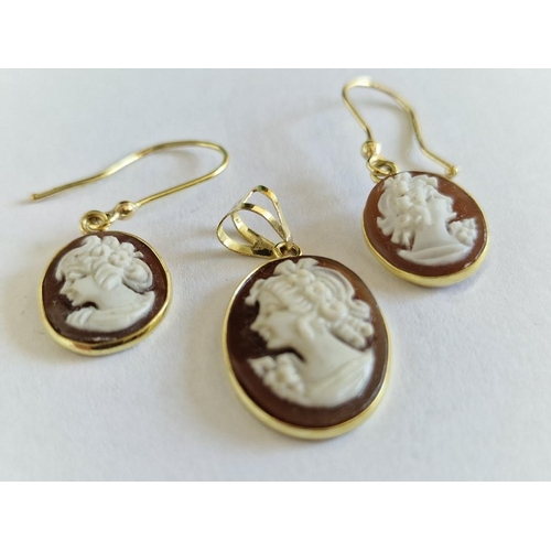 43 - 18ct Gold Cameo Set of Pendant and Matching Pair of Earrings, (3), (Total Weight Approx. 3.5g)