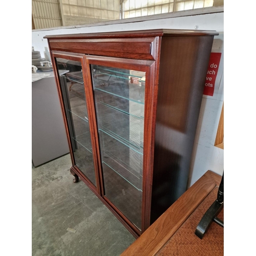 194 - Edwardian Style Dark Wood Glazed Book Case / Display Cabinet, Mirror Back with 3 x Glass Shelves, Ov... 