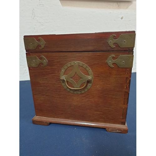 110 - Huge Chinese Wooden Jewellery Box with Metal Details and Lined with Red Silk (23 x 36 x 22.5cm)