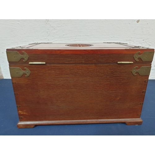 110 - Huge Chinese Wooden Jewellery Box with Metal Details and Lined with Red Silk (23 x 36 x 22.5cm)