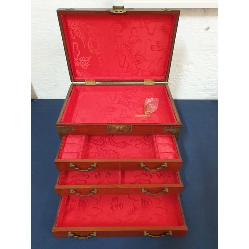 110 - Huge Chinese Wooden Jewellery Box with Metal Details and Lined with Red Silk (23 x 36 x 22.5cm)