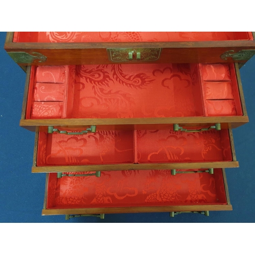 110 - Huge Chinese Wooden Jewellery Box with Metal Details and Lined with Red Silk (23 x 36 x 22.5cm)