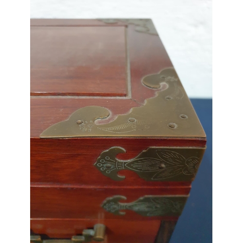 110 - Huge Chinese Wooden Jewellery Box with Metal Details and Lined with Red Silk (23 x 36 x 22.5cm)