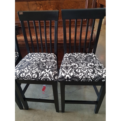 168 - Set of 4 x Black Finished Wooden Bar Chairs with Black and White Pattern Cushions