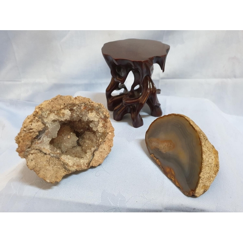 205 - Natural Quartz Stones, 1 x Geode Together with Decorative Base Stone (Approx 9cm x 7cm and 10.5cm x ... 