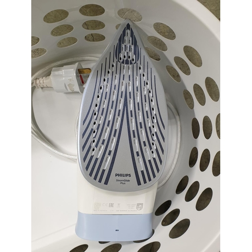 259 - Laundry Accessories inc; Large Plastic Basket, large Silver Basket and Philips Small Iron