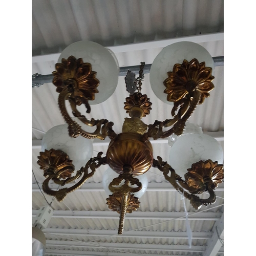 293 - Vintage Style 5 - Arms Brass Effect Chandelier with 5 x Matt Lamp Shades (Un-Tested)