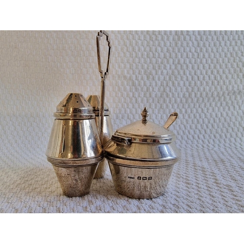 115 - Vintage Sterling Silver Condiment Set of Salt & Pepper Pots and Mustard Pot with Cobalt Blue Glass L... 