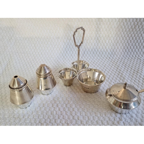 115 - Vintage Sterling Silver Condiment Set of Salt & Pepper Pots and Mustard Pot with Cobalt Blue Glass L... 