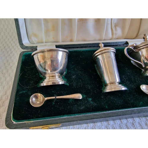 116 - A Fine Cased Sterling Silver Antique Condiment Set, 3-Piece, Two with Cobalt Blue Glass Liners, Toge... 