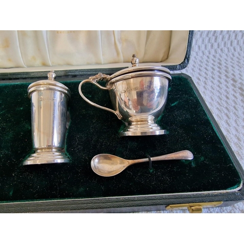 116 - A Fine Cased Sterling Silver Antique Condiment Set, 3-Piece, Two with Cobalt Blue Glass Liners, Toge... 