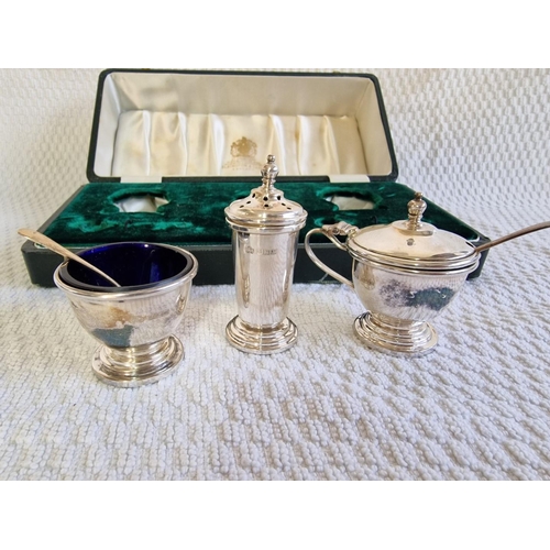 116 - A Fine Cased Sterling Silver Antique Condiment Set, 3-Piece, Two with Cobalt Blue Glass Liners, Toge... 