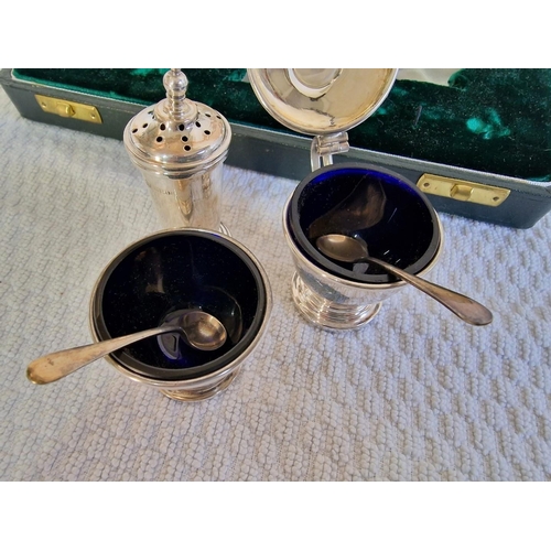 116 - A Fine Cased Sterling Silver Antique Condiment Set, 3-Piece, Two with Cobalt Blue Glass Liners, Toge... 